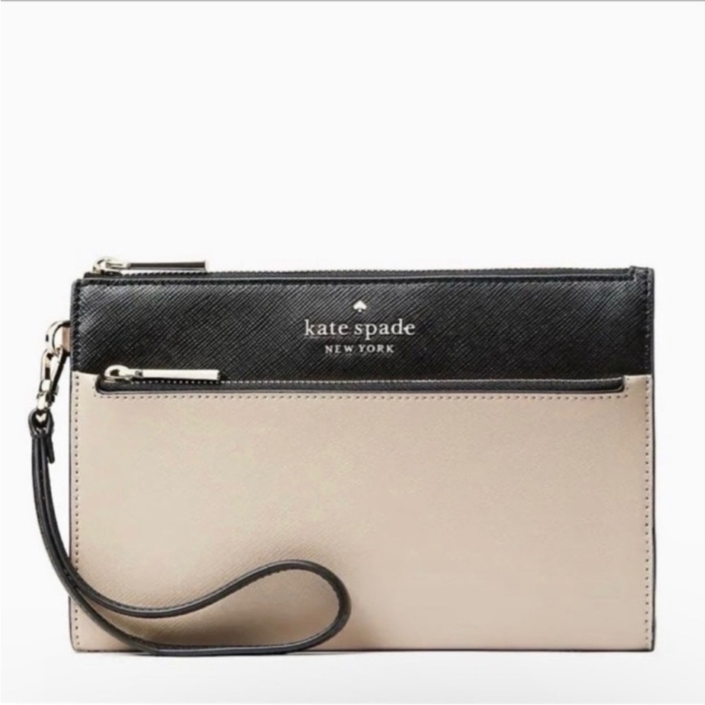 New Kate Spade Staci Medium Warm Beige Saffiano Leather Wristlet Wallet Zip